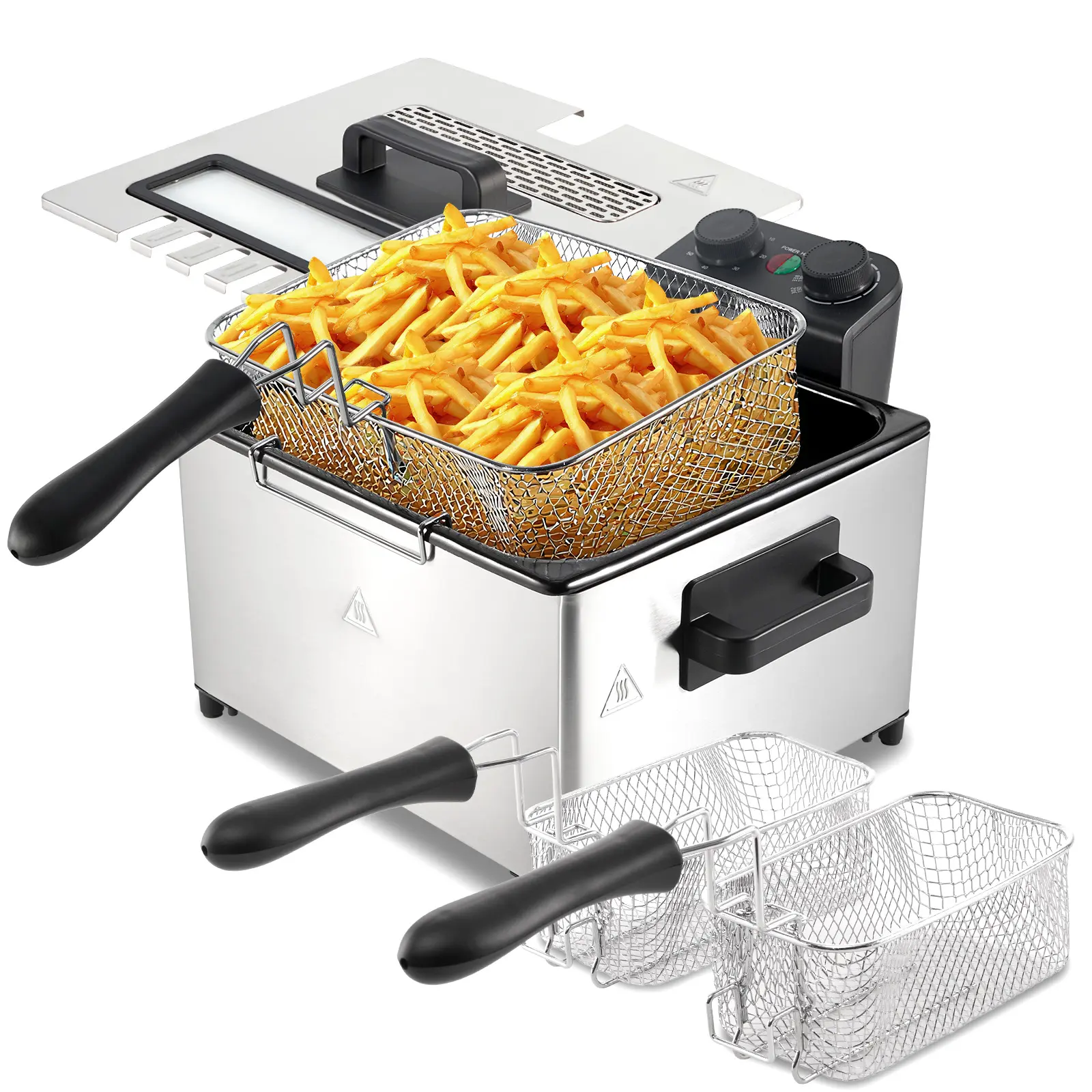 Stainless Steel Electric Deep Fryer (3.2 Qt / 5.3 Qt) – 1700W; features a timer, adjustable temperature control, a frying basket, and a lid with a viewing window; durable and easy to clean. Ideal for making fried chicken, french fries, and more.