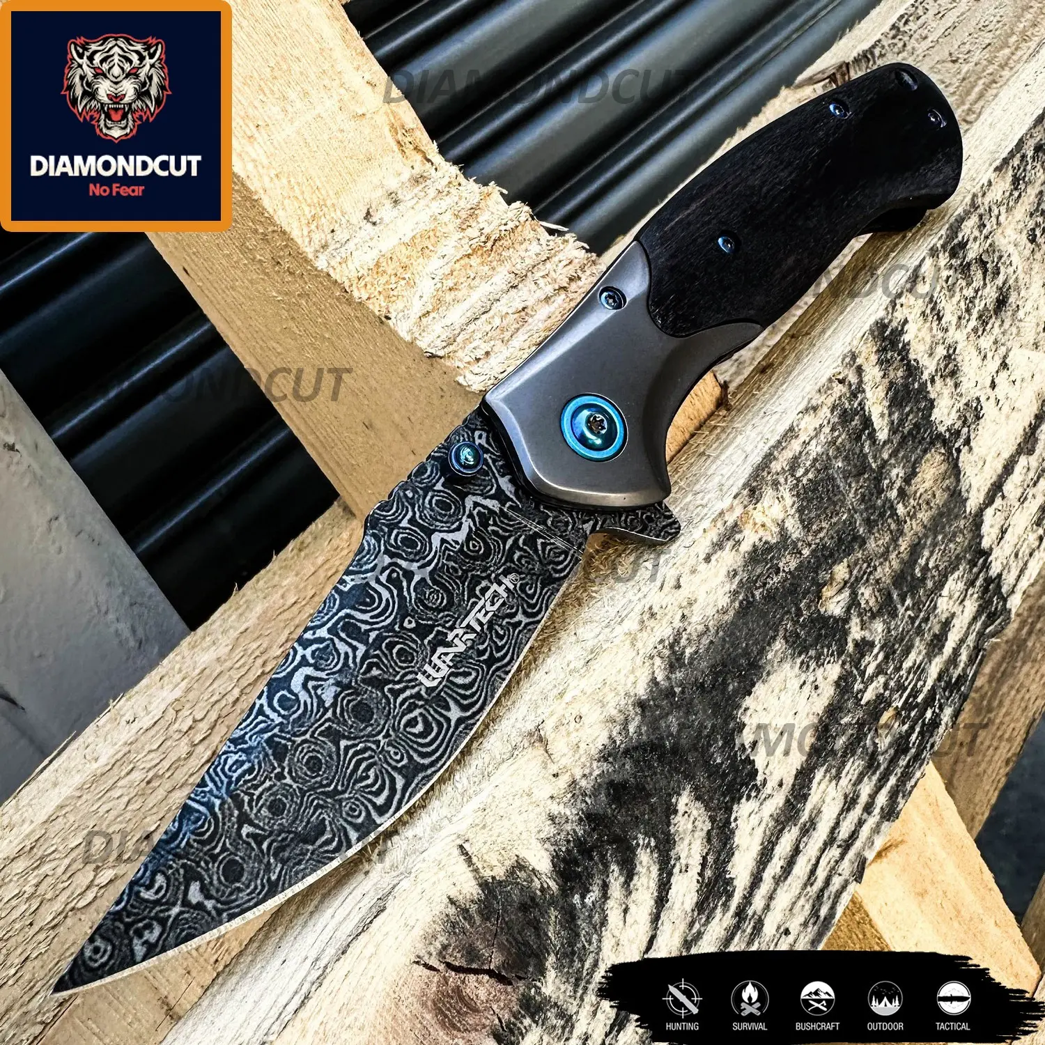 8” Outdoors Etched Damascus Knife Man Bushcraft Hunting Tactical EDC Everyday Pocket Knife, Camping Gear Folding Knife, Survival Tool Accessories, Outdoors Collection, Father’s Day Gift, Birthday Gift, Christmas Gift