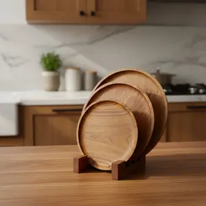 Handcrafted Wooden Serving Plate Set Of 3 with Stand – Natural Round Dinnerware Collection