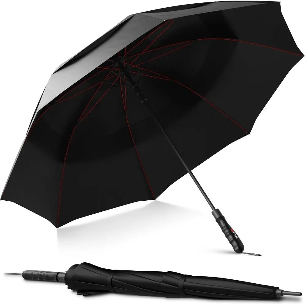 Adult Extra Large Windproof Golf Umbrella - 60" Wide Vented Double Canopy, Teflon Waterproof Coating, Reinforced Fiberglass Ribs, Automatic Auto-Open, UV Protection, Portable for Golf Course Use, Teflon Coating, Adults, Golfers, Uv Prevention