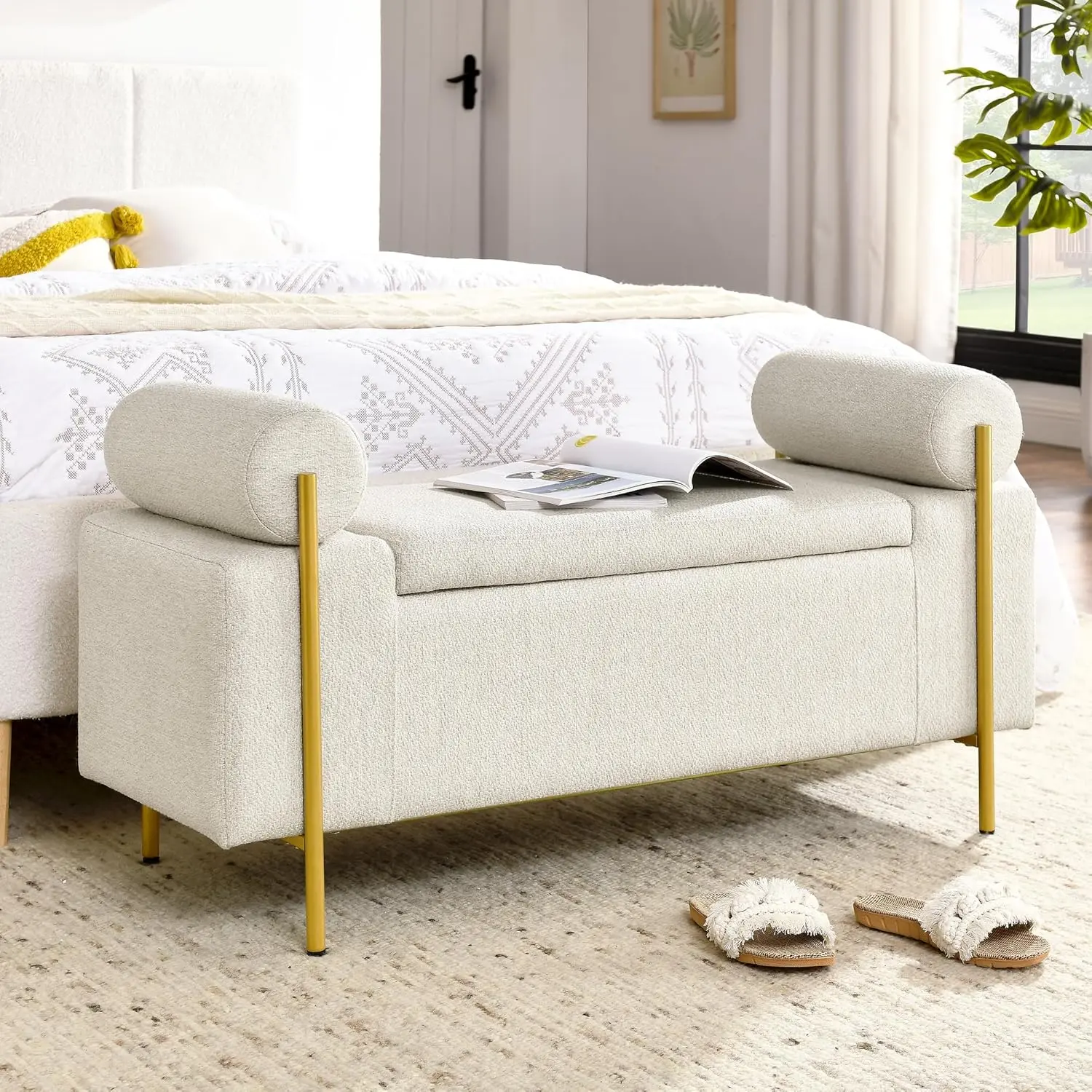 Niccae Premium Upholstered Velvet Built-In Cushioned Durable Large Long Rectangular Storage Bench, 44" Beige Entryway Bench with Cylindrical Arms, Iron Legs, Safety Hinge, Modern Linen Footrest for Hallway, Living Room, Built-In Storage Benches, Cushioned
