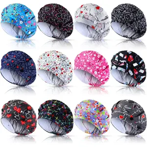 12 count Scrub Caps Women Adjustable Bouffant Caps with Button and Sweatband Working   Multicolor