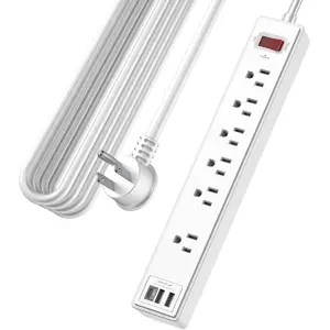 20Ft Power Strip Surge Protector - Extension Cord with 6 AC Outlets and 3 USB Ports for Home, Office, Dorm Essentials, 1680 Joules, ETL Listed, White