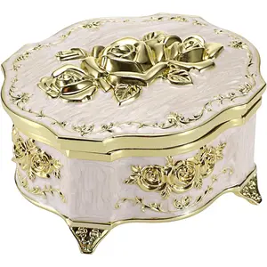 Music Box, Beige Metal Musical  Box Keepsake Box, Small Trinket Storage Organizer  Storage Box  for Girl Women (Tune: You are My Sunshine)