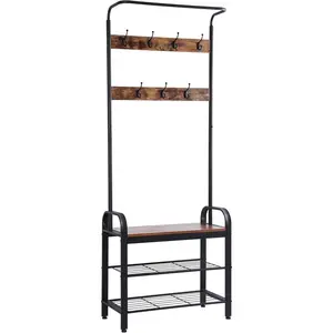 Sunnyglade Vintage Coat Rack Shoe Bench, Hall Tree Entryway Storage Shelf, Wood Look Accent Furniture Metal Frame, 3 in 1 Design, Easy Assembly