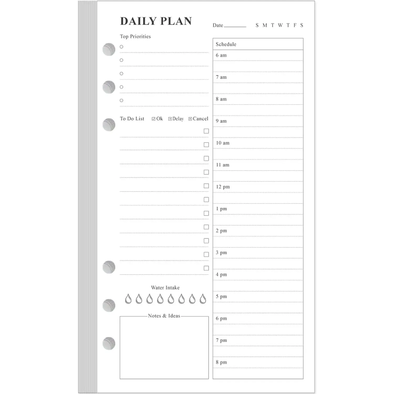 A6 Undated Daily Planner Refill -  for Filofax Personal Binders, 80 Sheets/160 Pages Planner and Lined Refill, 6-Hole Punched, 3.75" x 6.75"