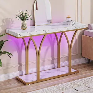 Yitahome Gold Entryway Table with LED Lights, Modern 39-Inch Console Accent Table, Narrow Foyer Side Table with Faux Marble Top for Entrance, Entry Way, Hallway, Living Room