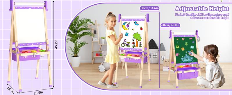【Kids Gifts】Art Easel for Kids,Adjustable Wooden Kids Art Easel with Paper Roll,Double-Sided Magnetic Toddler Easels,Dry Erase Whiteboard and Chalk Board,Toys for 3 4 5 6 7 8 9 10 Year Old Girl Boy Gift