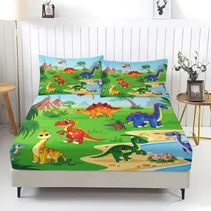 3Pcs Cartoon Dinosaur-Themed Fitted Sheet Set Playful and Whimsical Bedding Set Durable And Easy To Clean Perfect For Cartoon Enthusiasts, Dinosaur Lovers, and Children'S Bedroom Decor,It Does Not Include Any Filling
