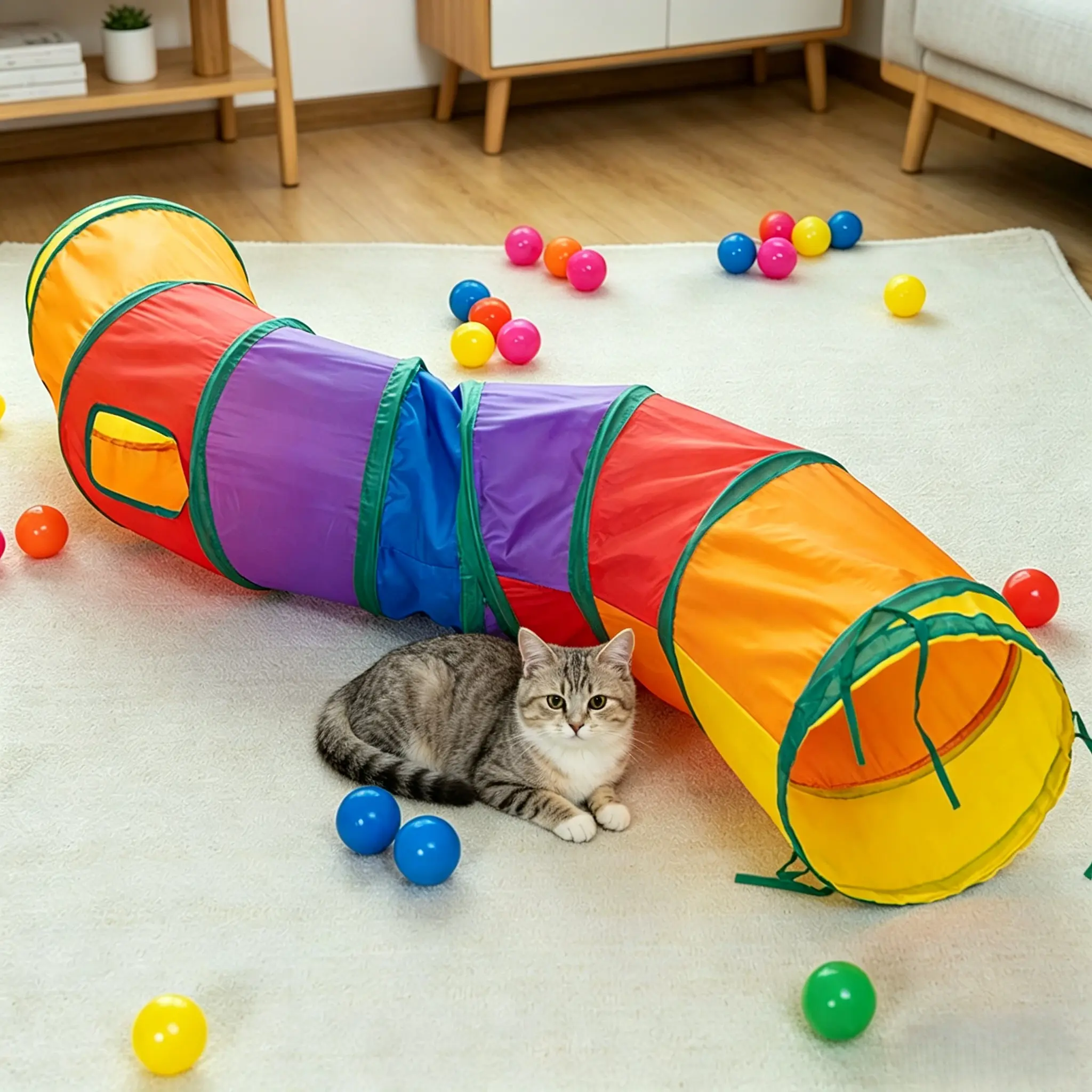 Cat Tunnel for Indoor Cats, 47" Foldable Rainbow Pop Up Crinkle Play Tube, Multi-Use Tunnel Toy for Cats, Kittens, Rabbits, Bunnies, Puppies & Kids