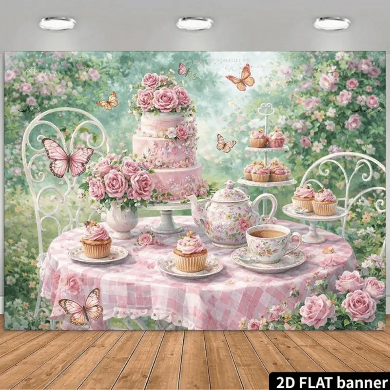 2D Flat Banner, 1pc Pink Romantic Afternoon Tea Party Backdrop Lace Tablecloth And Floral Tea Set Combination, Surrounded by Pink Roses And Butterfly Elements, Durable Polyester Material, No Power Supply Required