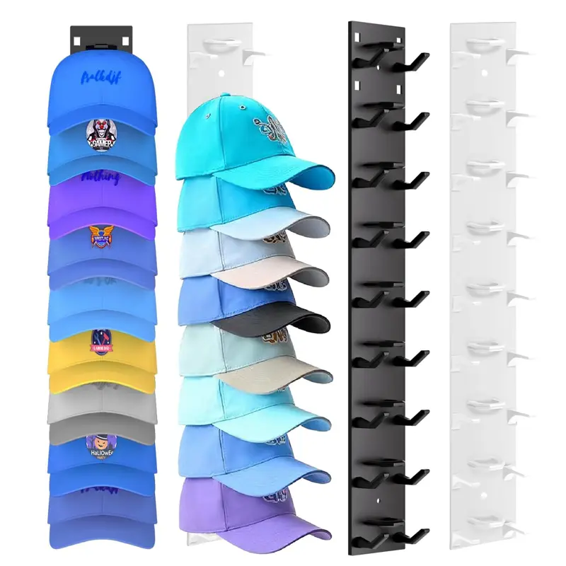 2 Hat Organizer Wall Mounted Baseball Cap Rack Black or White Adhesive Mount Holds 18 Hats for Closet Door Bedroom Easy Access Display Installation