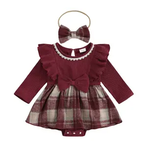 Canrulo Newborn Infant Baby Girl Christmas Outfit Red Plaid Romper Dress Long Sleeve Knit Onesie with Headband