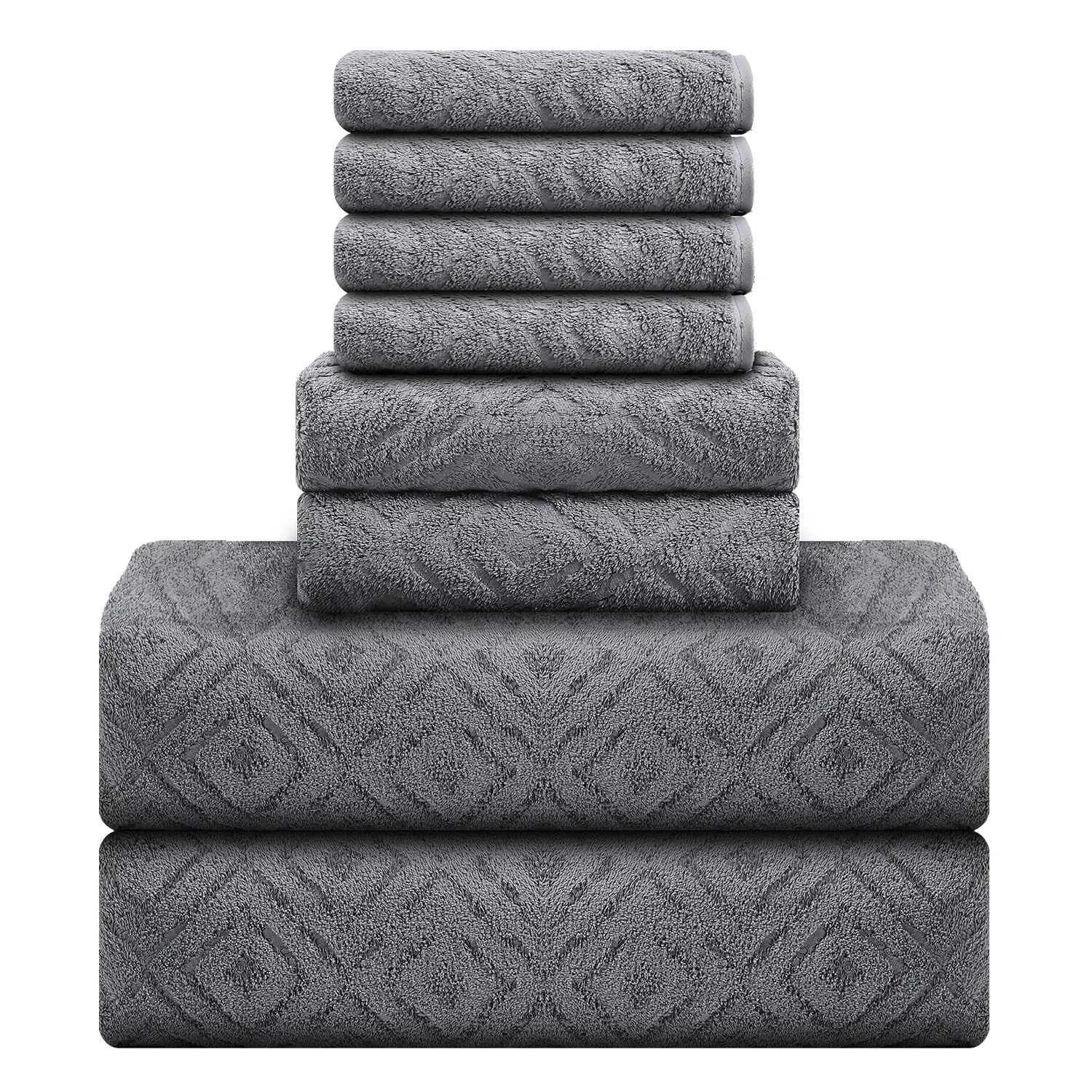 Diamond Pattern 8-Pack Eco Friendly Microfiber Bath Towel Set (Grey) - 2 Oversized Bath Sheets, 2 Hand Towels, 4 Washcloths, Super Absorbent, Breathable, Durable for Bathroom, Family Use, Anniversary Gift