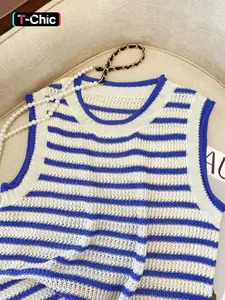 Women's Knitted Round Neck Striped Colorblock Sleeveless Vest, Casual Basic Knitwear Fashion Elegant Spring Summer Top, Ladies Plain Fine Border Design