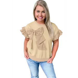 Women's Plus Size Parchment Ruffled Short Sleeve Top with Bowknot Applique