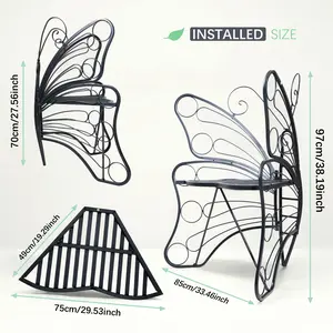 Butterfly Outdoor Bench, Cast Iron Steel Frame Garden Bench Outdoor Patio Bench Chair w/ Butterfly Design Backrest, Slatted Seat for Park, Yard & Porch
