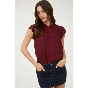 Lace Trim Ruffled Short Sleeves Blouse