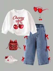 Girls' Cherry Bow Print Knit Sweatshirt + 3D Butterfly Jeans Set, Casual Cute Sweet Street Style, Kids Fashion