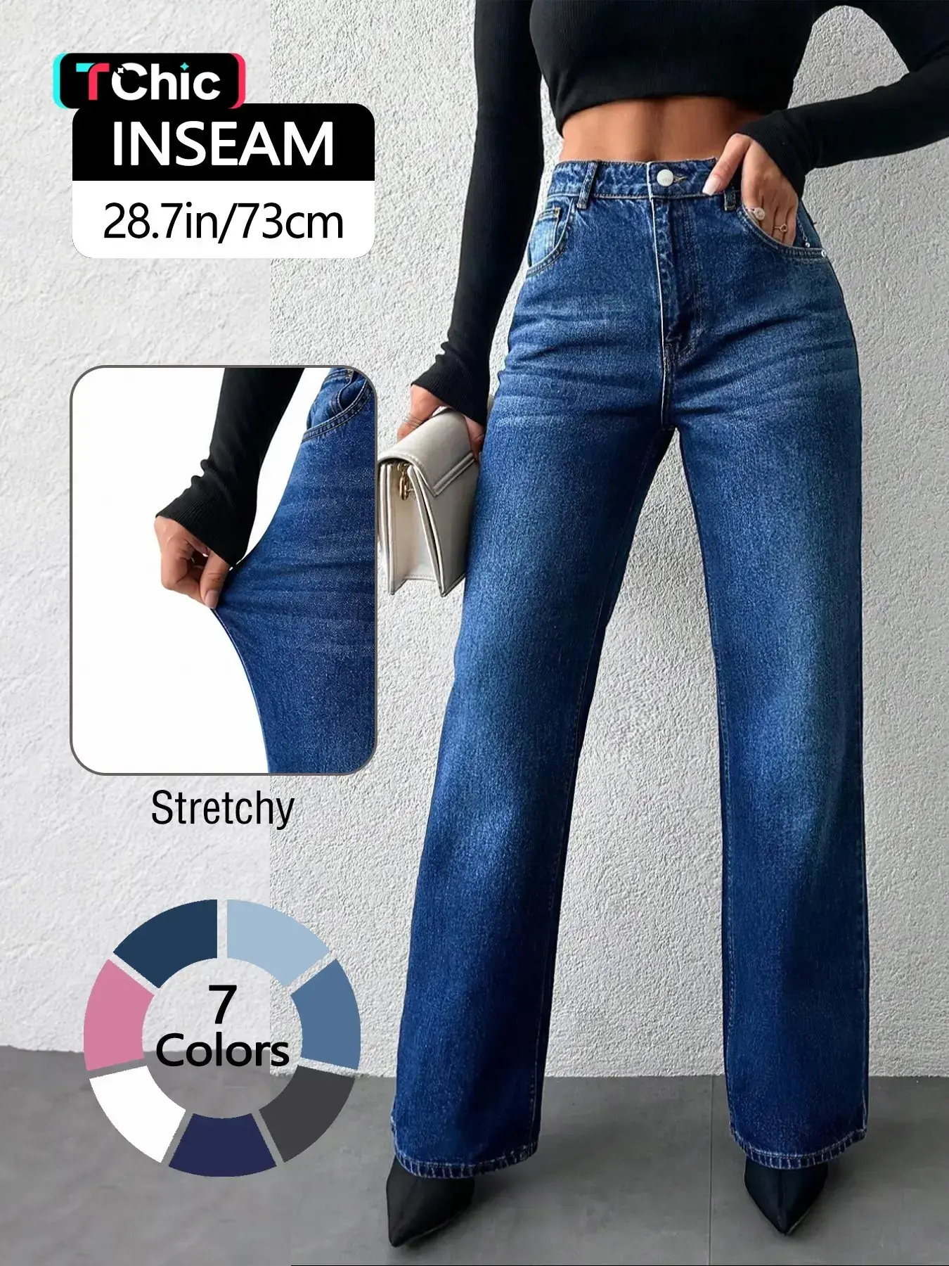 Women's High Elasticity Denim Woven Jeans, Flex Stretch Jeans, Basic Casual Loose Fit Wide Leg Pants, All Seasons Fashion, Plain Pattern, Comfortable and Stylish