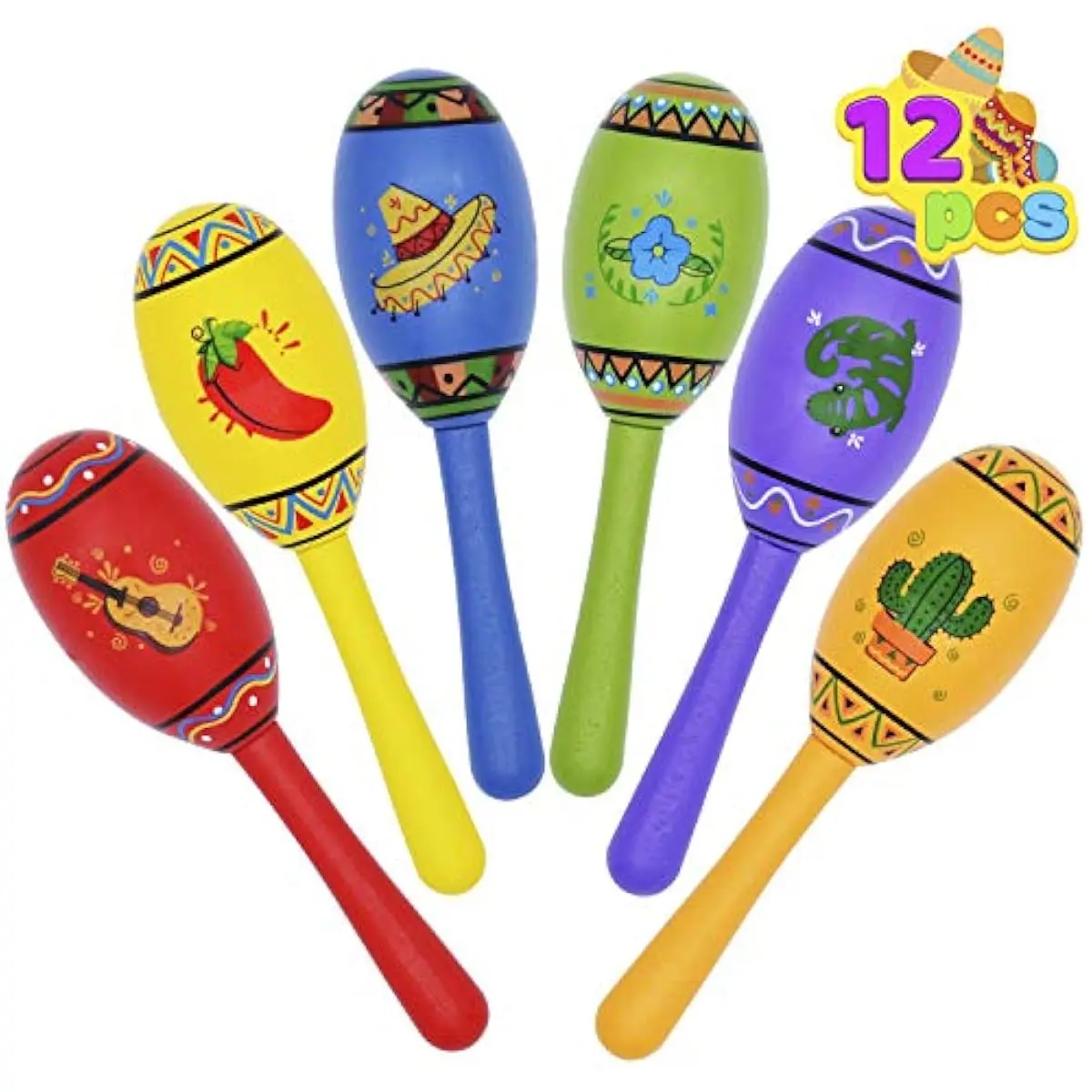 12 Mini Wooden Fiesta Maracas 6 Designs Noisemaker for Mexican Fiesta, Cinco De Mayo Party Favors, Musical Fun, Birthday Parties, Luau Party, Carnivals, Taco Tuesday Event