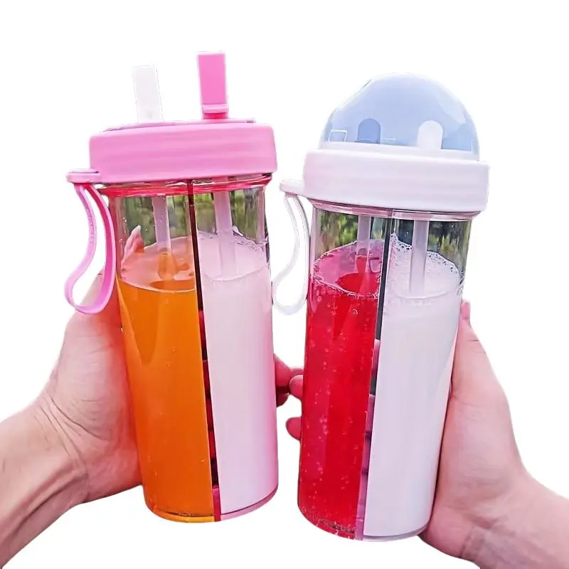 1 Pack Water Bottle with Dual Straws 600ML/420ML 2 in 1 Food Grade BPA-Free Leakproof Portable Drinking Cup Large Capacity Water Kettle Multiple Colors for Daily Use Drinkware Drink Container