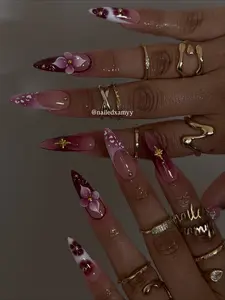 Bubble Nailart Romantic Wine Gel Nails Deep Burgundy Gradient with Nude Base Pink Petal 3D Floral Accents White Dot Details Long Stiletto Handmade Reusable Press On Nails Trendy 2025 Glossy Look