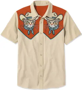 Cat Cowboy Hawaiian Shirt Western Style Print Short-sleeve Button-down Cat Lover Gift