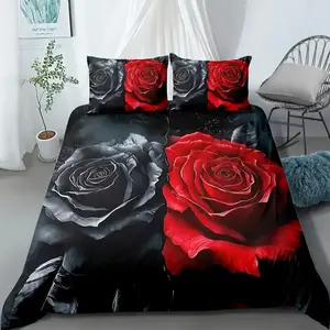 3-piece set of dual color rose Valentine's Day digital printed bedding made of polyester material, including 1 duvet cover and 2 pillowcases without filling. It is the preferred bedding for bedrooms, dormitories, and famous accommodations during holidays