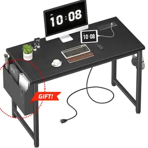Lufeiya 39 inch Computer Desk with Power Outlet, 40 inch Teen Study Table Home Office Work Writing Desks with Charging Station Outlets Built in, Black, Get Free Gift