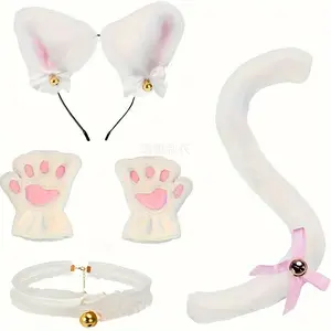 New5pcs Cute Cat Costume Set - Headband, Gloves, Collar & Tail |           Black & White Polyester Animal Outfit for Halloween, Birthdays, Themed Parties |           No Power Needed, Playful & Durable, Photogenic Accessories, Cat Lovers/Costume Enthusiast