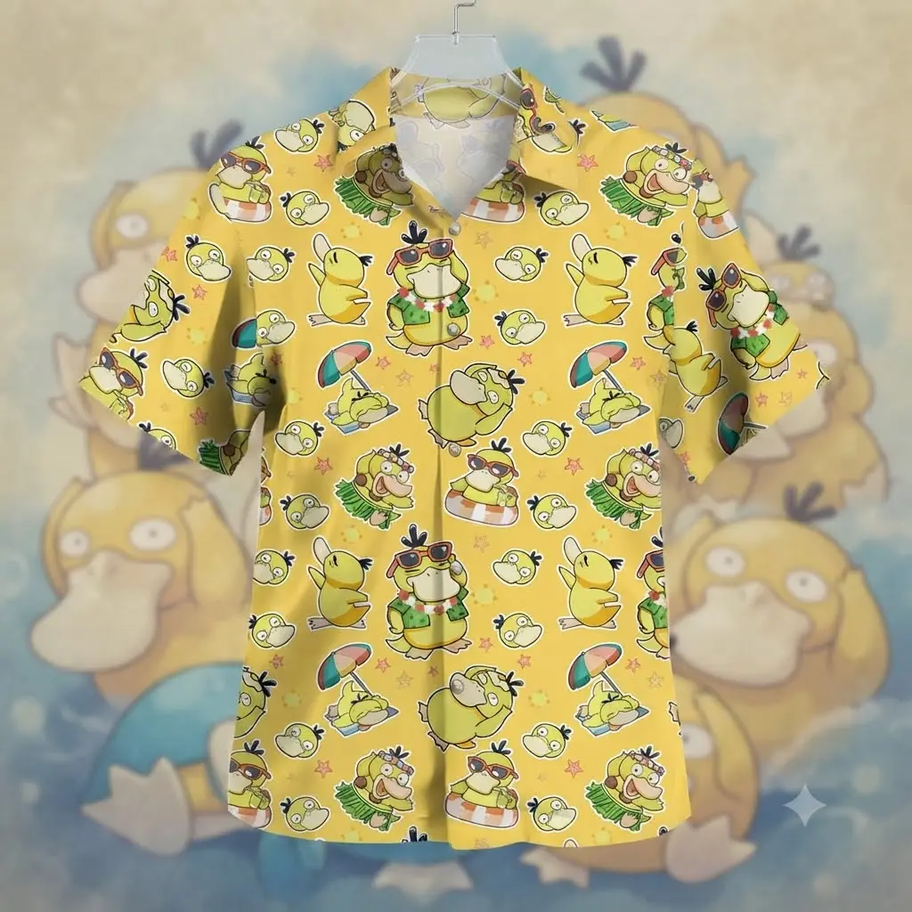 2026 Hot Hawaiian Sets PKM Fresh Summer Beach Wear Cute Confused Yellow Duck Tropical Anime Aloha Shirt Matching Shorts Casual Button Down Top Youthful Bold Funny Summer Style Festival Clothing Premium Holiday Gift For All Ages Family Outfits