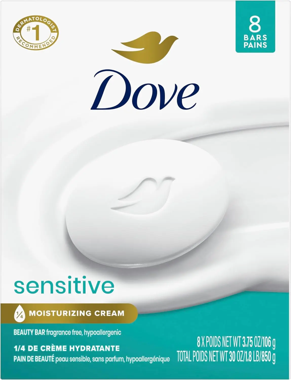 Dove Beauty Bar Soap Sensitive, 8 Bars for Sensitive Skin, Fragrance Free and Hypoallergenic 3.75 oz | Fragrance-free, hypoallergenic beauty bar with ¼ moisturizing cream for sensitive skin on face, body and hands