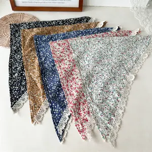 Floral fabric lace-trimmed large triangle headscarf, versatile women's head wrap and hair accessory