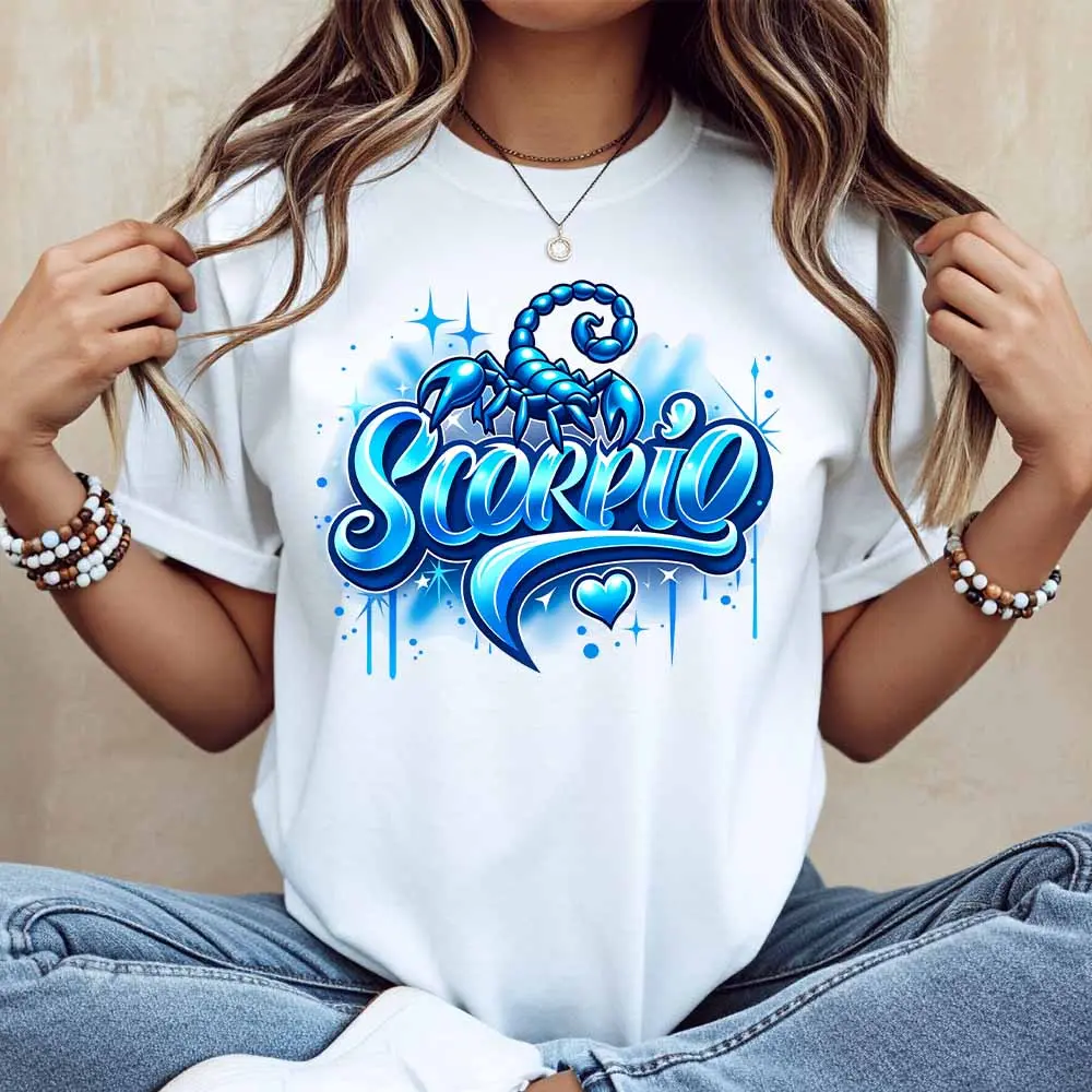 Scorpio Zodiac Sign Print T Shirt White Casual Short Sleeve Top For Women