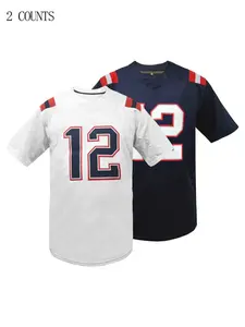 Men's New England #12 Football Jersey, Stylish Jersey, Breathable V-Neck Embroidered Pullover, Unisex Loose Fit Rugby Jersey, Short Sleeve Top for Sports & Parties, Casual Wear or Themed Events, Bold Number Design