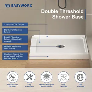 Shower Pan Base, 36 in. L x 36 in. W Center Drain Double Threshold Shower Pan With Non-Slip Textured Surface, White Acrylic Shower Base for Bathroom with Drain, White