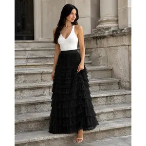 Women’s  Tiered Ruffle Maxi Skirt, High Waisted A-Line Layered Tulle Long Skirt