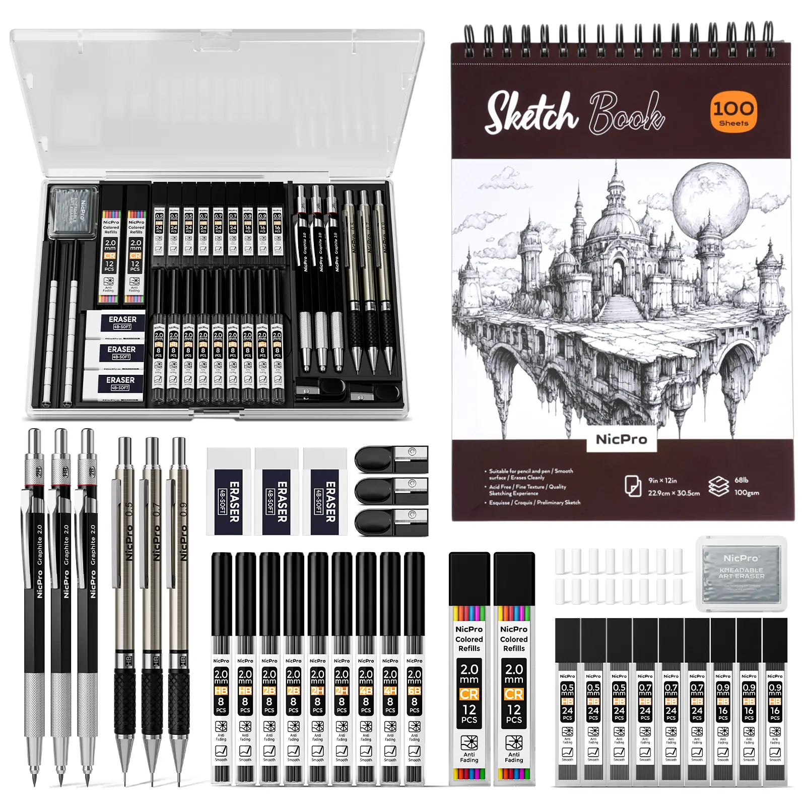 Nicpro Graphite Art Set, Arts Crafts Supplies - Compact Metal Grip Draw Tool Pencils (0.5,0.7,0.9,2mm) with Full-Metal Body, 288PCS Leads, Eraser, 100-Sheet 9x12in Sketchbook, Multipurpose Office Stationery for Artists