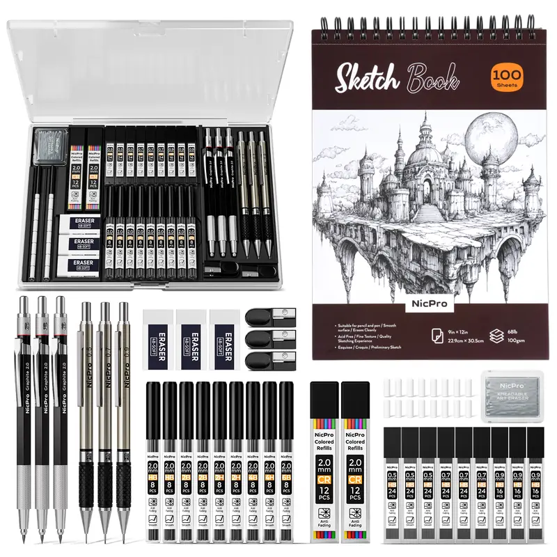 Nicpro Artist Quality Graphite Mechanical Pencils & Draw Tool Set - Premium Arts Crafts Supplies, Full-Metal Bodies (0.5/0.7/0.9/2mm), 288 Leads, Eraser, 100-Sheet 9x12in Sketchbook, Office Stationery, Back-to-School Ready