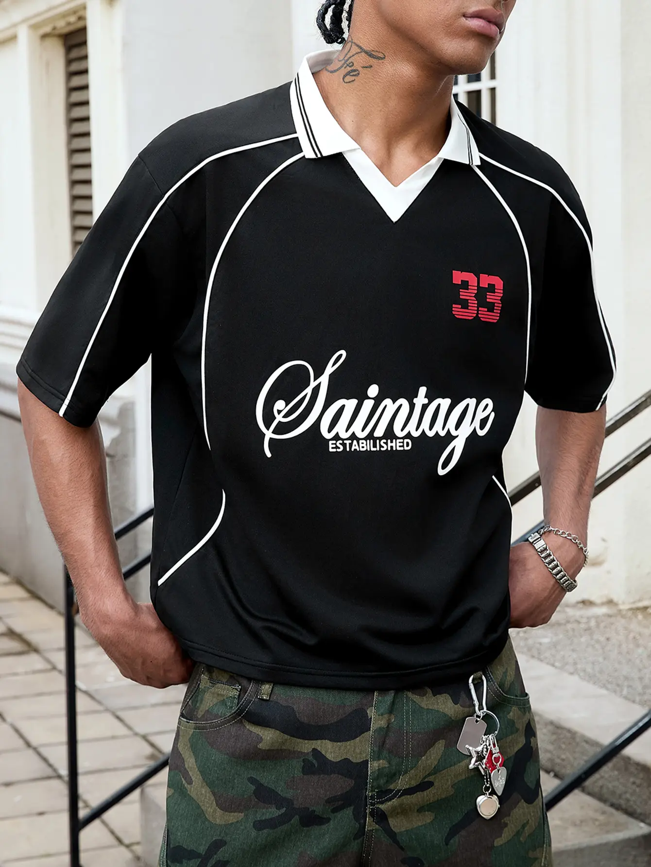 Mens Clothing Half Placket Polo T-Shirt - American Retro Football Jersey-Style Black V-Neck Short-Sleeve Polyester Top with Contrast White Trim, Double-Layer Turn-Down Collar, Allover Curved Lines, Raglan Shoulders, Front Flowing Letters, Polyester Fabric