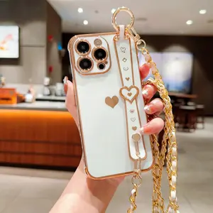Crossbody chain phone case suitable for Apple 17, electroplated heart wrist strap, 16PM simple solid color protective cover, 16/13