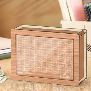 Wooden Money Box Money Bank, Countdown Money Saving Box with 10000 Dollars Target, Money Box with Money Target and Numbers to Check for Boys Girls (10000 USD)