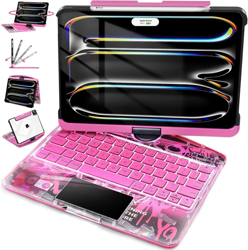 New Y2K Color Keyboard Pink For iPad Pro 12.9/11/10.9/13-inch (M4, 2024/2025) With 360° Rotatable Multi-Touch Trackpad ,Compatible Backlit Keyboard, Pencil Holder,Type-C Charging