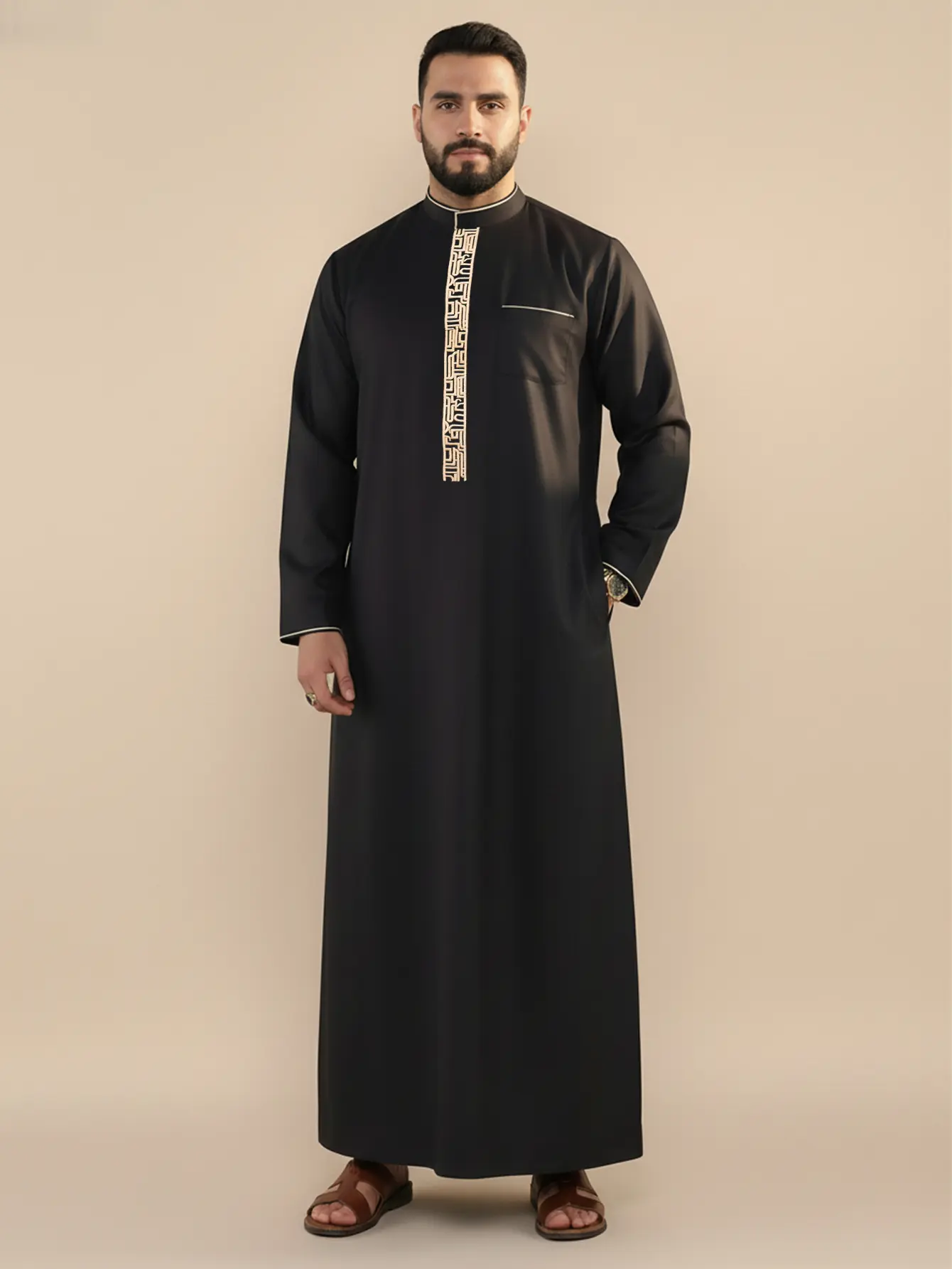 Men's Traditional Arab Thobe, Modern Embroidery Muslim Kaftan with Pocket, Islamic Robe for Daily Wear Casual Black
