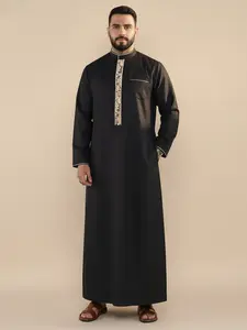 Men's Traditional Arab Thobe, Modern Embroidery Muslim Kaftan with Pocket, Islamic Robe for Daily Wear