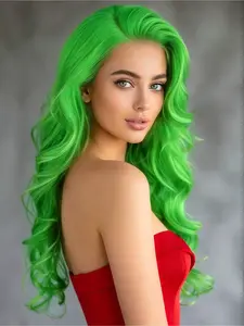 28 Inch Neon Green Body Wave Lace Front Wig 13x4 Heat-Resistant Synthetic Hair Pre-Plucked Natural Hairline for Women Cosplay & Party Synthetic Wavy Wig