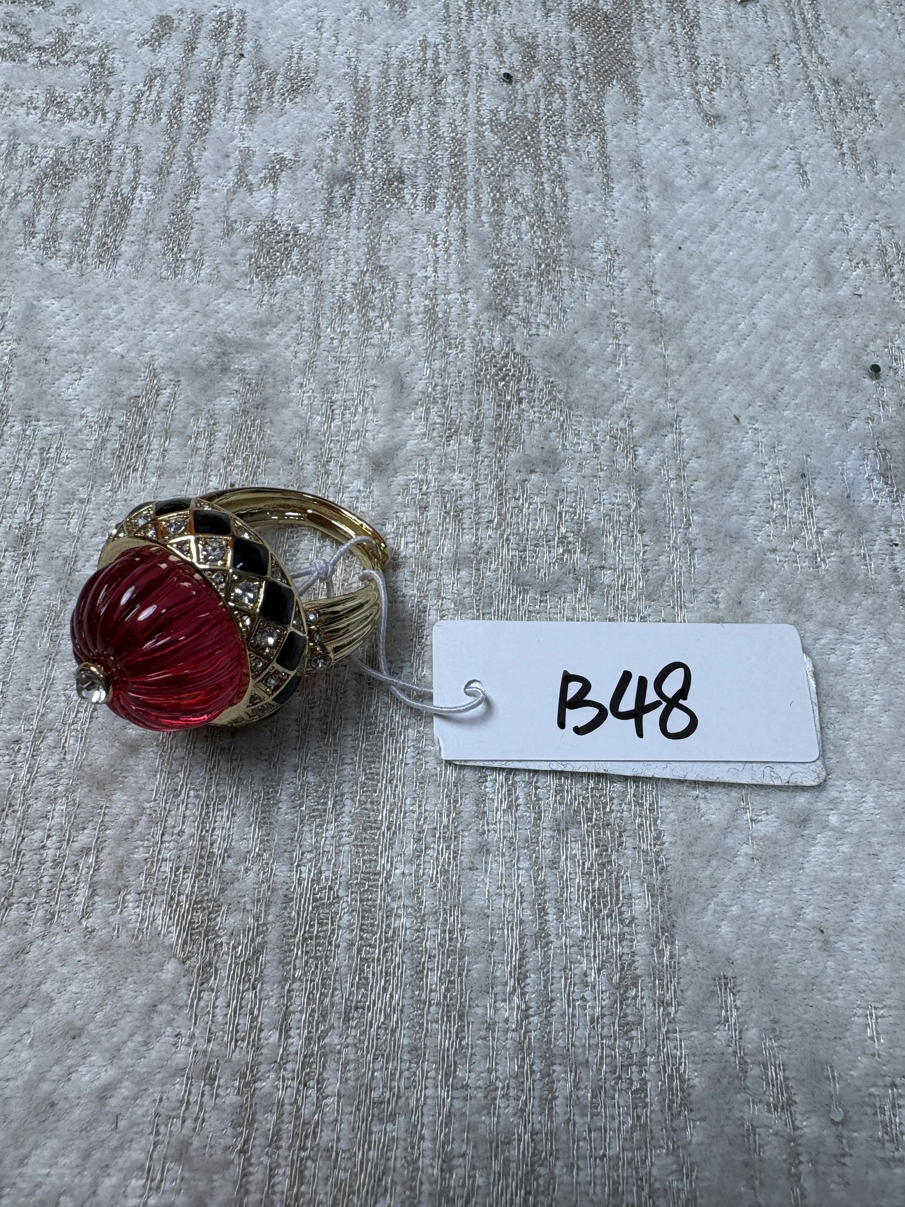 B48 Vintage Acorn Shape Statement Ring, Gold Tone Black Enamel With Clear Rhinestone & Carved Red Crystal Open Adjustable Finger Ring