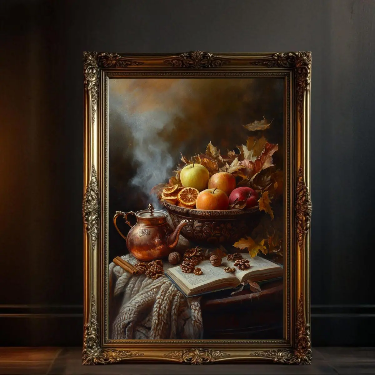 Rustic Autumn Still Life Wall Art, Vintage Harvest Decor, Realistic Fruit and Leaves Print, Cozy Fall Kitchen Artwork, Farmhouse Charm, Unframe