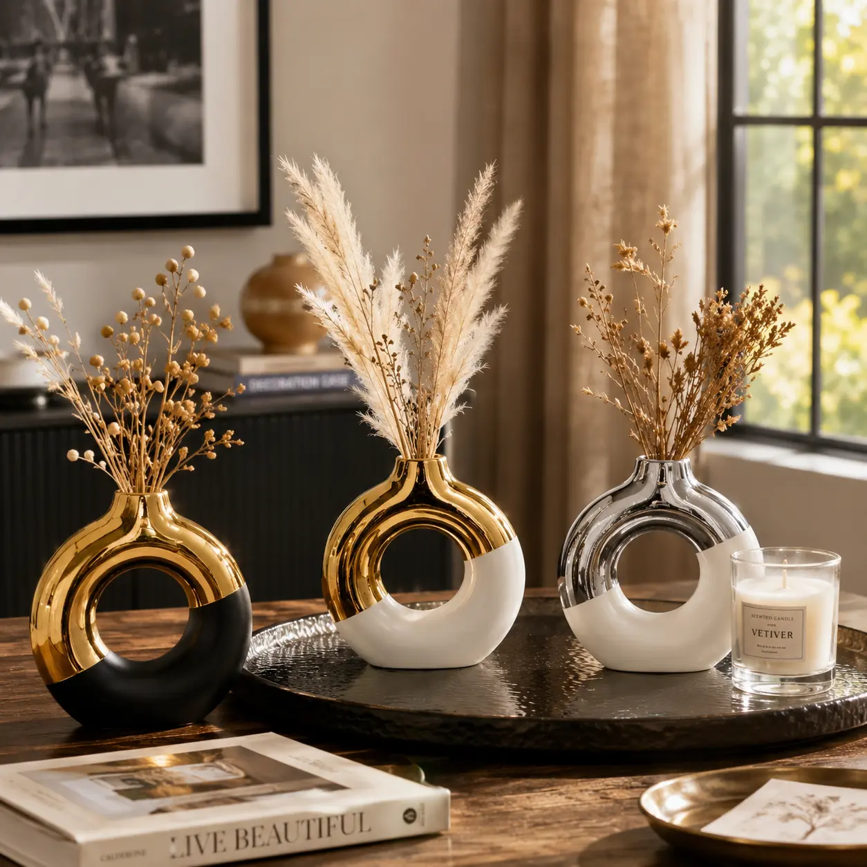 Plain Modern Bohemian Platinum Ceramic Ellipse Decorative Vase - Aesthetic Home Decor, Living Room Decor, Boujee Home Accessories, Dried Flower & Reed Holder, Special Occasion Souvenir